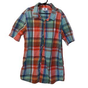 Old Navy Plaid Short Sleeve Shirt XL 14-16 Orange Blue Cotton Boys